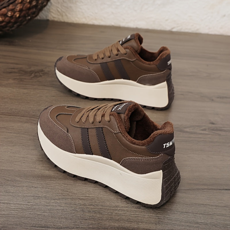 Scarpe da ginnastica invernali da donna con fodera in pile - Scarpe basse con lacci in pelle sintetica con design ricamato e suola spessa e morbida, ideali per un look casual e sportivo, scarpe da ginnastica invernali | Scarpe invernali alla moda | Suola