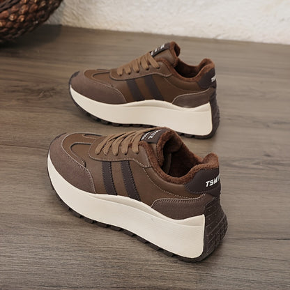 Scarpe da ginnastica invernali da donna con fodera in pile - Scarpe basse con lacci in pelle sintetica con design ricamato e suola spessa e morbida, ideali per un look casual e sportivo, scarpe da ginnastica invernali | Scarpe invernali alla moda | Suola