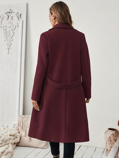 Women's Elegant Long Black Tweed Coat with Adjustable Belt - H-Silhouette Asymmetrical Hem, Machine Washable Winter Trench Coat for Fall & Winter, Office to Evening Versatile Outerwear, Notch Lapel Design