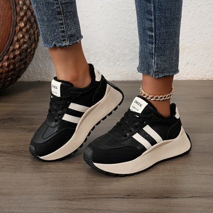 Scarpe da ginnastica invernali da donna con fodera in pile - Scarpe basse con lacci in pelle sintetica con design ricamato e suola spessa e morbida, ideali per un look casual e sportivo, scarpe da ginnastica invernali | Scarpe invernali alla moda | Suola