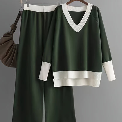 Set casual da donna in due pezzi: maglione a V con scollo e pantaloni larghi e a vita bassa - Verde con dettagli bianchi, perfetto per la primavera/autunno