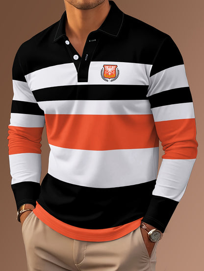 Maglietta polo casual da uomo a maniche lunghe con stampa digitale 3D - Design a righe nere e bianche, colletto con bottoni, vestibilità regolare per abbigliamento casual, abbigliamento confortevole | Stile polo classico | Abbigliamento casual resistente,