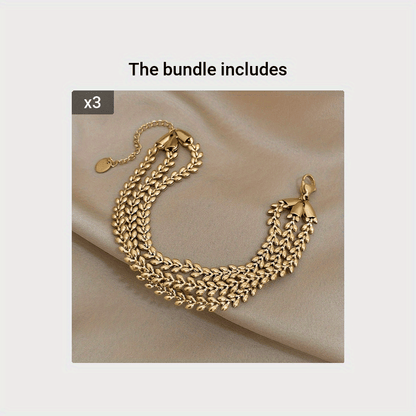 Women's Stainless Steel Wheat Design Golden-Tone Multi-Layer Chain Bracelet - Adjustable Lobster Clasp Statement Jewelry for Parties, Casual Attire & Special Occasions, Fashion Accessory, Elegant Style, Stylish Craftsmanship, Accessory Enthusiasts