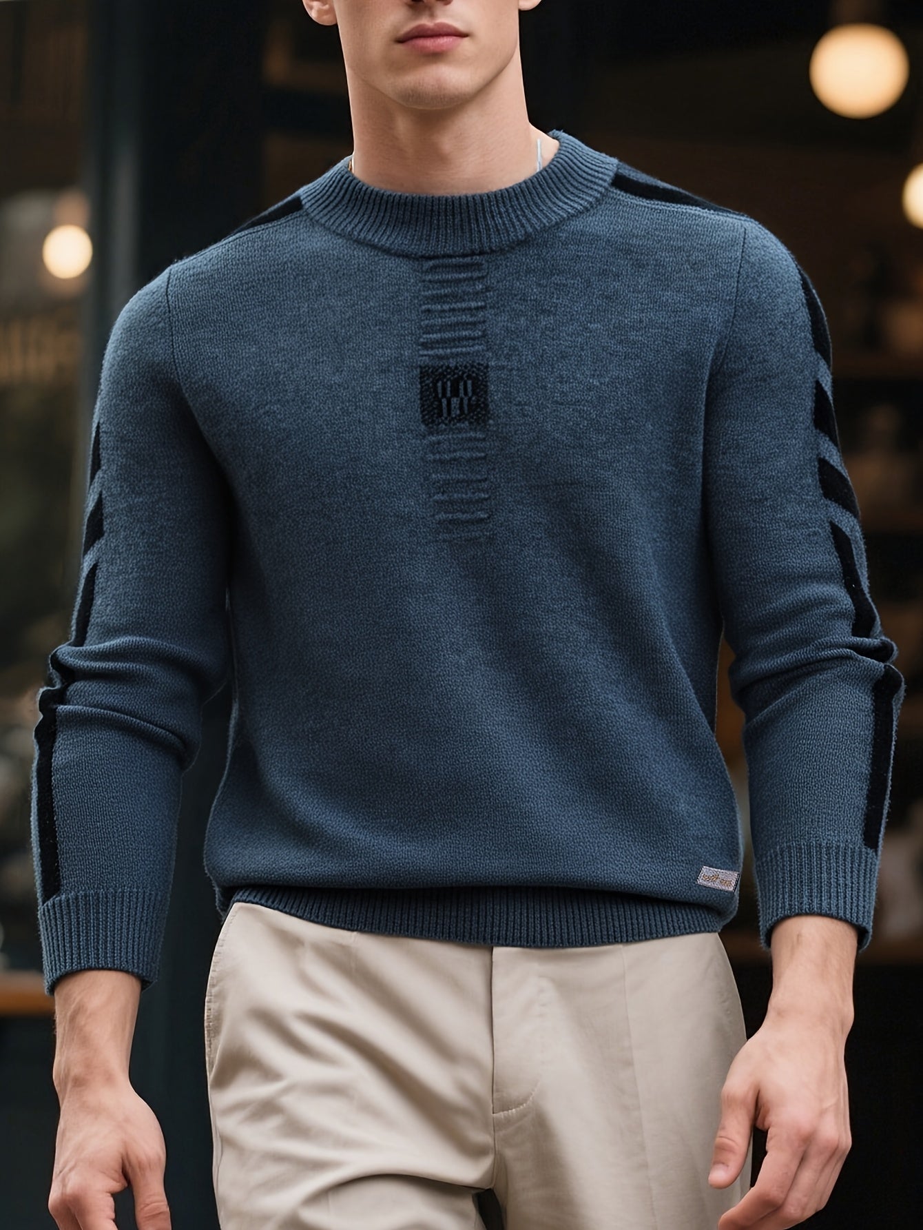 Maglione da uomo con scollo a giro e strisce laterali - Spesso, con maniche lunghe per l'autunno/inverno, strato casual per riunioni all'aperto e abbigliamento quotidiano, abbigliamento invernale | Maglione con strisce laterali | Tessuto lavorato a maglia