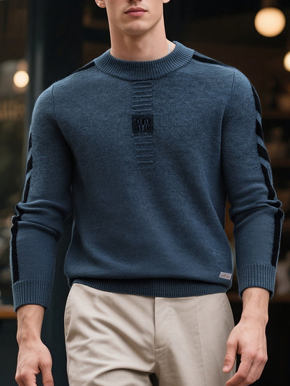 Maglione da uomo con scollo a giro e strisce laterali - Spesso, con maniche lunghe per l'autunno/inverno, strato casual per riunioni all'aperto e abbigliamento quotidiano, abbigliamento invernale | Maglione con strisce laterali | Tessuto lavorato a maglia