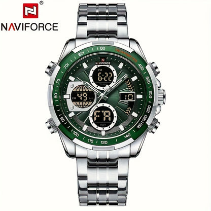 Orologio Sportivo di Lusso da Uomo NAVIFORCE al Quarzo - Impermeabile, Cinturino in Vera Pelle, Doppia Esposizione con Funzioni Data e Cronografo, Cassa in Acciaio Inossidabile, Accenti Verdi, Orologio di Lusso|Dotato di Tacimetro|Cinturino in Vera Pelle