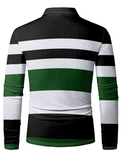 Maglietta polo casual da uomo a maniche lunghe con stampa digitale 3D - Design a righe nere e bianche, colletto con bottoni, vestibilità regolare per abbigliamento casual, abbigliamento confortevole | Stile polo classico | Abbigliamento casual resistente,