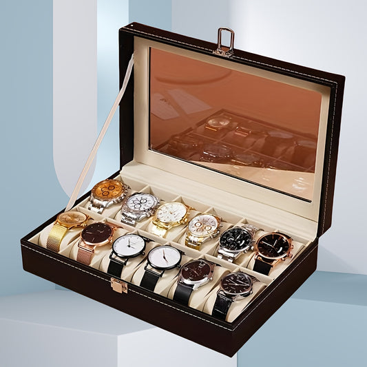 Vetrina per orologi in pelle sintetica con 12 slot e coperchi trasparenti - Scatola classica rettangolare per organizzare gioielli per orologi, braccialetti e accessori, contenitore resistente per la conservazione a tavolino per casa, boutique e regali, c