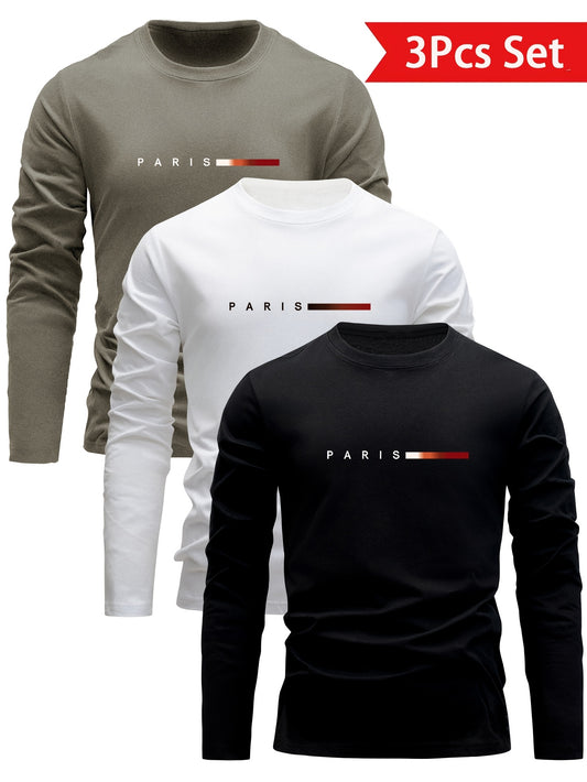 3 Pezzi Magliette Uomo Manica Lunga 100% Cotone, Versatili ed Eleganti per Primavera/Autunno Abbigliamento Autunnale Outfit Quotidiano T-Shirt Classico Design Minimalista Stoffa Traspirante Cuciture Resistenti Confezione Multipla Camicie da Donna Indument