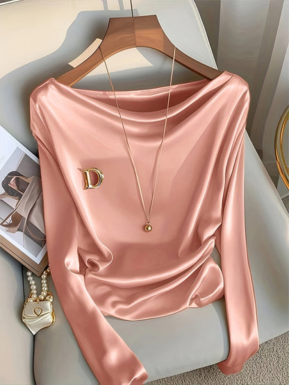 Maglietta elegante a maniche lunghe da donna - Colore solido, vestibilità slim, scollo a giro, poliestere, perfetta per feste, appuntamenti e lavoro, top elegante per tutti i giorni|Top a maniche lunghe e sottili|Tessuto in poliestere