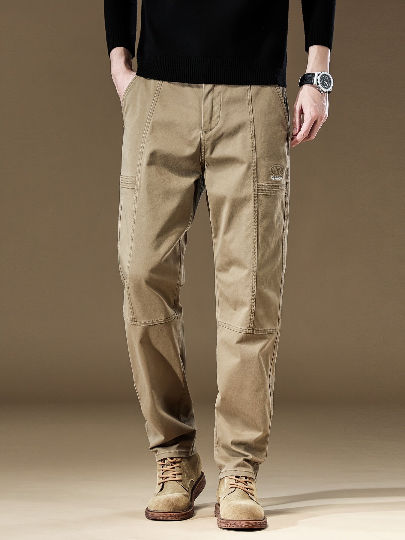 Pantaloni cargo casual da uomo - Vestibilità ampia, vita con coulisse, più tasche, beige, comfort per tutte le stagioni, perfetti per attività all'aperto, pantaloni da esterno | Pantaloni con vestibilità rilassata | Tasche funzionali