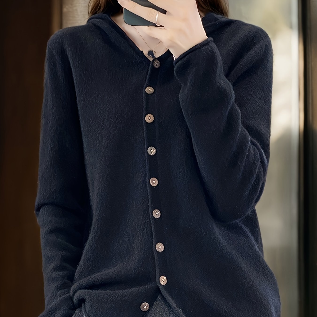 Maglione con cappuccio casual da donna in 100% lana, cardigan lavorato a maglia in lana merino tinta unita, manica lunga, vestibilità regolare, design aperto sul davanti, scelta elegante e calda per l'autunno/inverno, ultra morbido