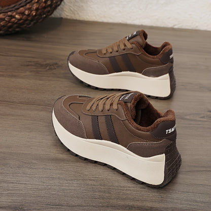 Scarpe da ginnastica invernali da donna con fodera in pile - Scarpe basse con lacci in pelle sintetica con design ricamato e suola spessa e morbida, ideali per un look casual e sportivo, scarpe da ginnastica invernali | Scarpe invernali alla moda | Suola