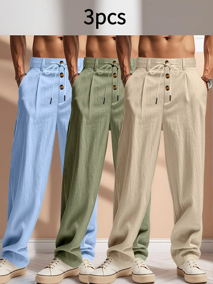 3pcs Pantaloni Casual in Lino Leggeri da Uomo - Vestibilità Rilassata Traspirante con Vita Elastica e Chiusura a Bottone, Tessuto Non Elasticizzato per Abbigliamento da Spiaggia Esterno, Comfort Tutte le Stagioni (Beige/Verde/Azzurro), Pantaloni da Spiagg