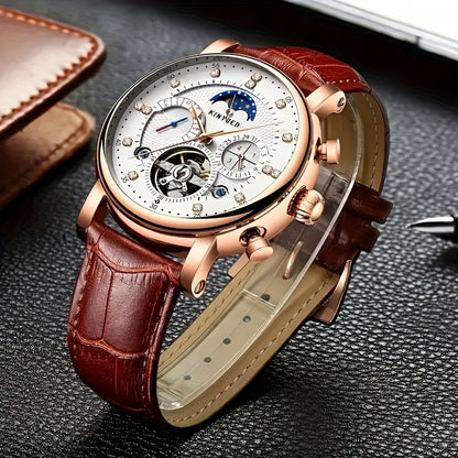 KINYUED Orologio Meccanico Automatico da Uomo con Visualizzazione Sole, Luna e Stelle – Accenti in Oro Rosa, Cinturino Marrone Finto, Lancette Blu, Retro Trasparente, Regalo Perfetto per Lui