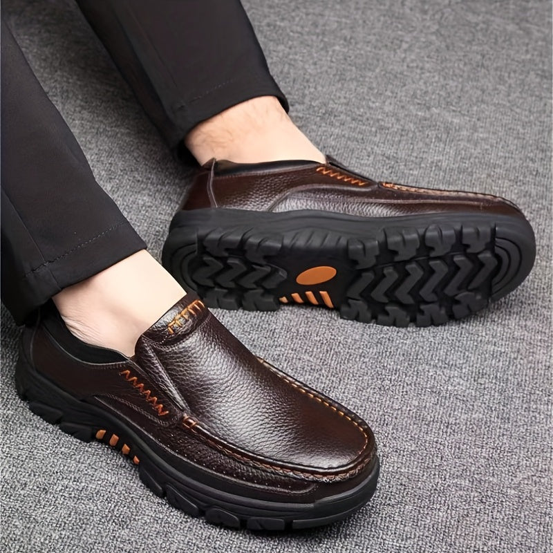 Scarpe Eleganti da Uomo in Vera Pelle Slip-On per Papà di 40-50 Anni - Suola in Gomma Antiscivolo, Punta Tonda, Comode, Adatte per Tutto l'Anno per Occasioni Casual e Business (Marrone, Fino alla Taglia 50), Calzature Versatili | Cerniera Laterale | Scarp