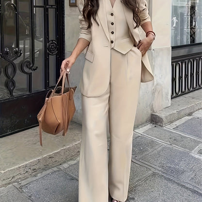 New Women's Beige Three-Piece Suit, Mature and, Stylish Business Attire