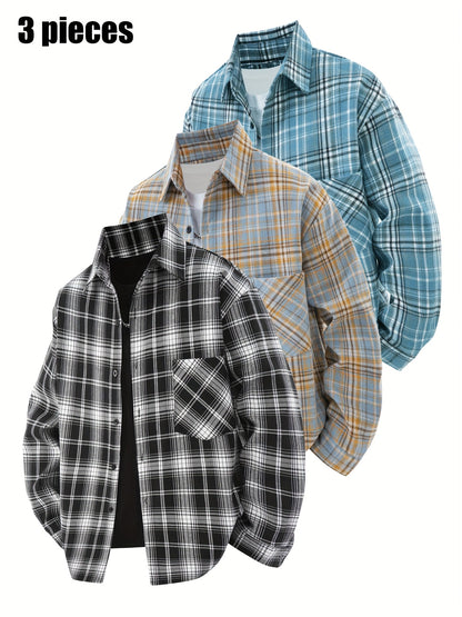 Set di 3 camicie a quadri da uomo - Camicie casual a vestibilità ampia con bottoni, colletto, maniche lunghe e tasche sul petto per abbigliamento primaverile/autunnale da esterno, capispalla versatili e alla moda, abbigliamento primaverile autunnale | Des