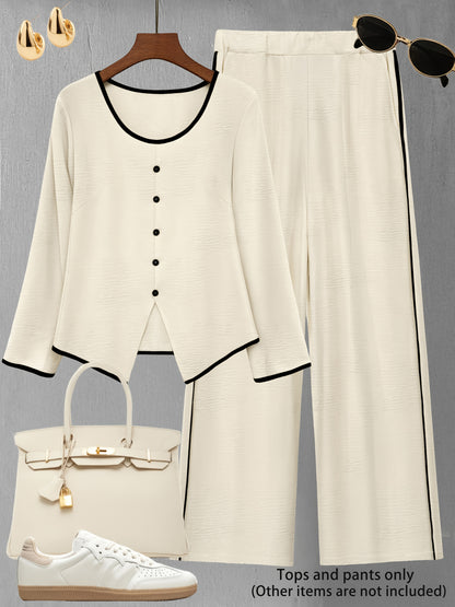 Set di pantaloni alla moda per donna, composto da top a maniche lunghe color block e pants casuali: un set elegante