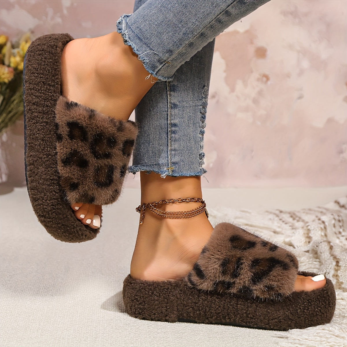 Pantofole da donna accoglienti con stampa leopardata - Morbide pantofole da casa con fodera in pile, calde e confortevoli con suola in TPU, stile casual per uso interno, pantofole da interno | Pantofole con stampa leopardata | Fodera in pile morbido, pant