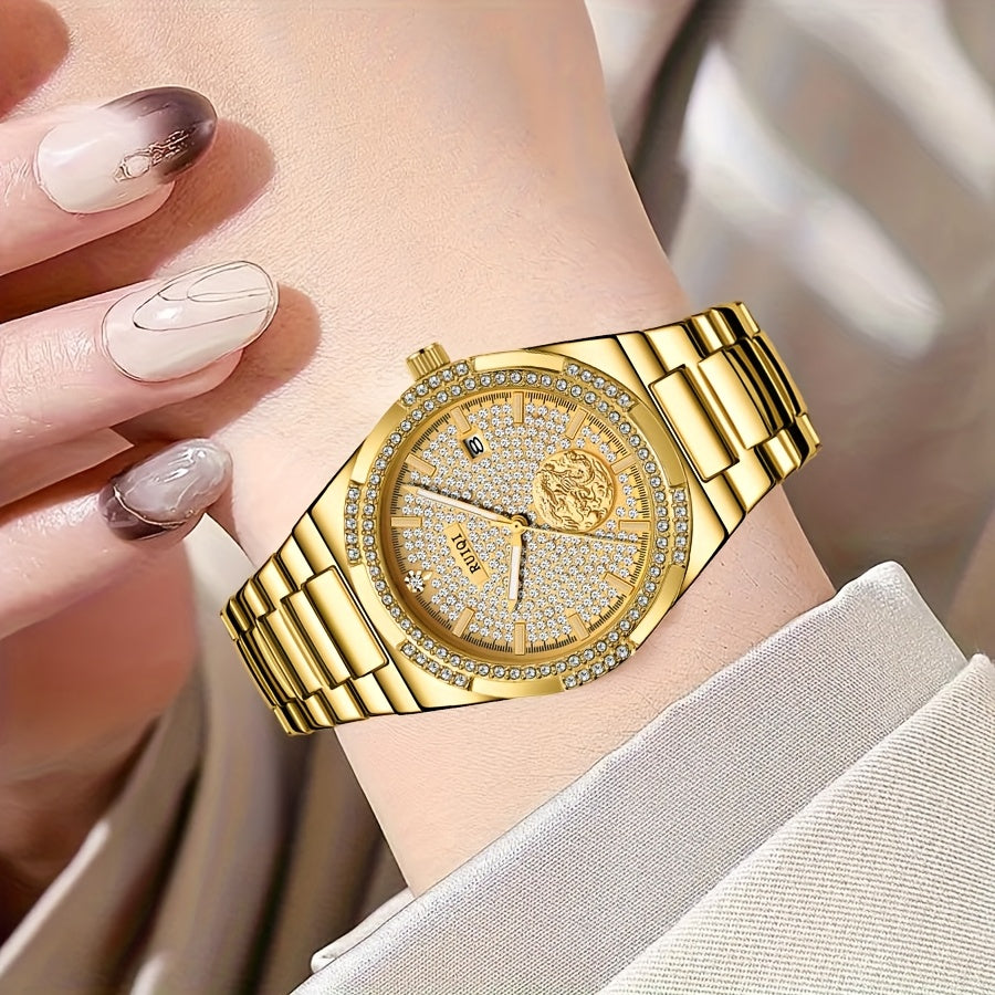 Orologio meccanico di lusso elegante per donne con quadrante interamente dorato, cornice in strass e mani luminose - Movimento automatico, cinturino regolabile, grande orologio analogico rotondo per donne, senza batteria/mantenimento facile, regalo ideale