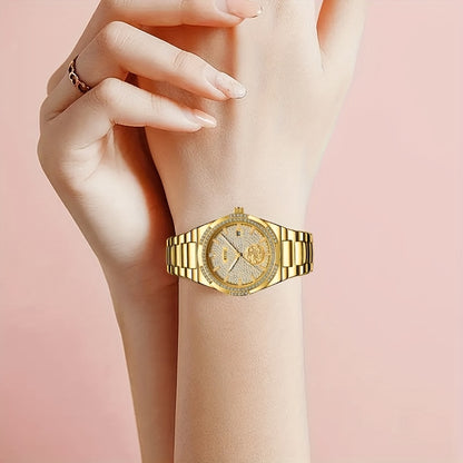 Orologio meccanico di lusso elegante per donne con quadrante interamente dorato, cornice in strass e mani luminose - Movimento automatico, cinturino regolabile, grande orologio analogico rotondo per donne, senza batteria/mantenimento facile, regalo ideale