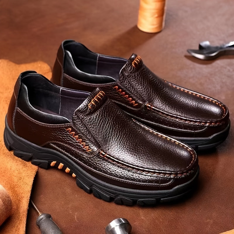 Scarpe Eleganti da Uomo in Vera Pelle Slip-On per Papà di 40-50 Anni - Suola in Gomma Antiscivolo, Punta Tonda, Comode, Adatte per Tutto l'Anno per Occasioni Casual e Business (Marrone, Fino alla Taglia 50), Calzature Versatili | Cerniera Laterale | Scarp