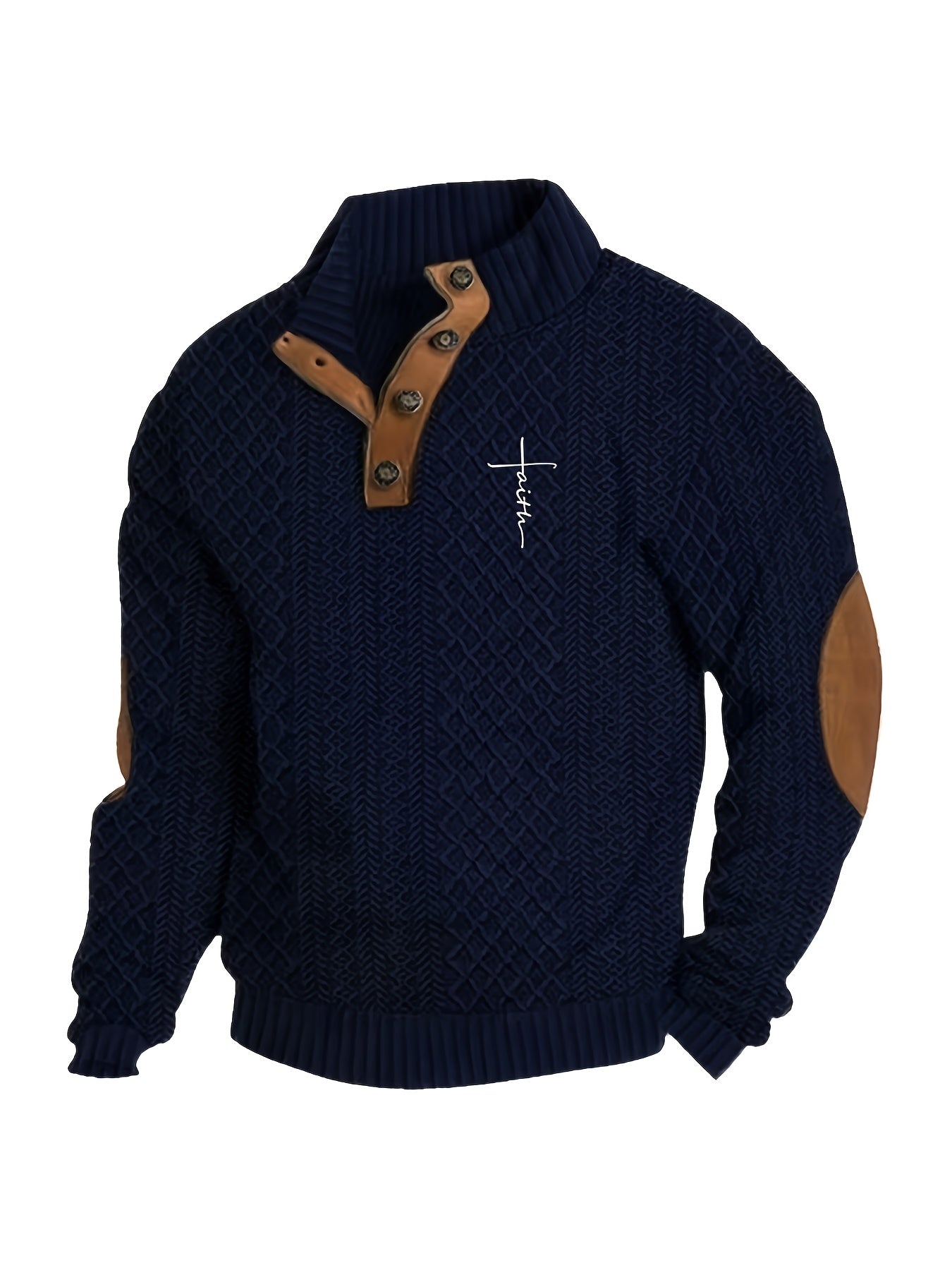 Maglione da uomo pesante in maglia 280g/m² - Blu navy e marrone, colletto con risvolto e bottoni, maglione invernale a maniche lunghe per clima freddo, ufficio, outfit casual - Regalo ideale per uomo, maglione, abbigliamento da ufficio, maglieria texturiz