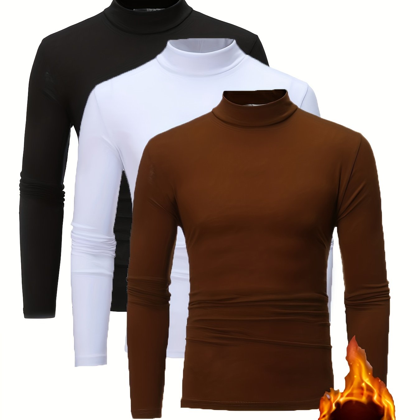 3pcs Camicie a maniche lunghe con collo alto in pile termica per uomo - Slim Fit Stand Collar Base Layer, Top casual invernali a tinta unita per strati, Bianco/Nero/Azzurro marino, Essenziali per il tempo freddo, Collo alto elegante, Camicia comoda