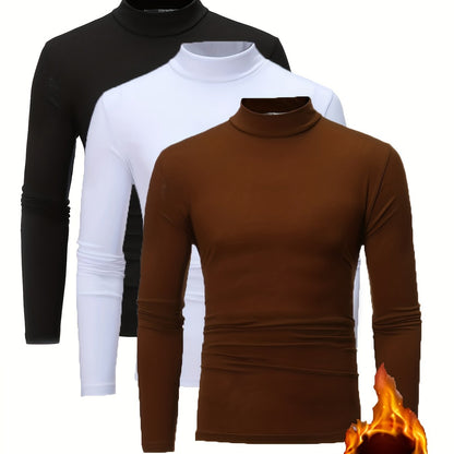 3pcs Camicie a maniche lunghe con collo alto in pile termica per uomo - Slim Fit Stand Collar Base Layer, Top casual invernali a tinta unita per strati, Bianco/Nero/Azzurro marino, Essenziali per il tempo freddo, Collo alto elegante, Camicia comoda