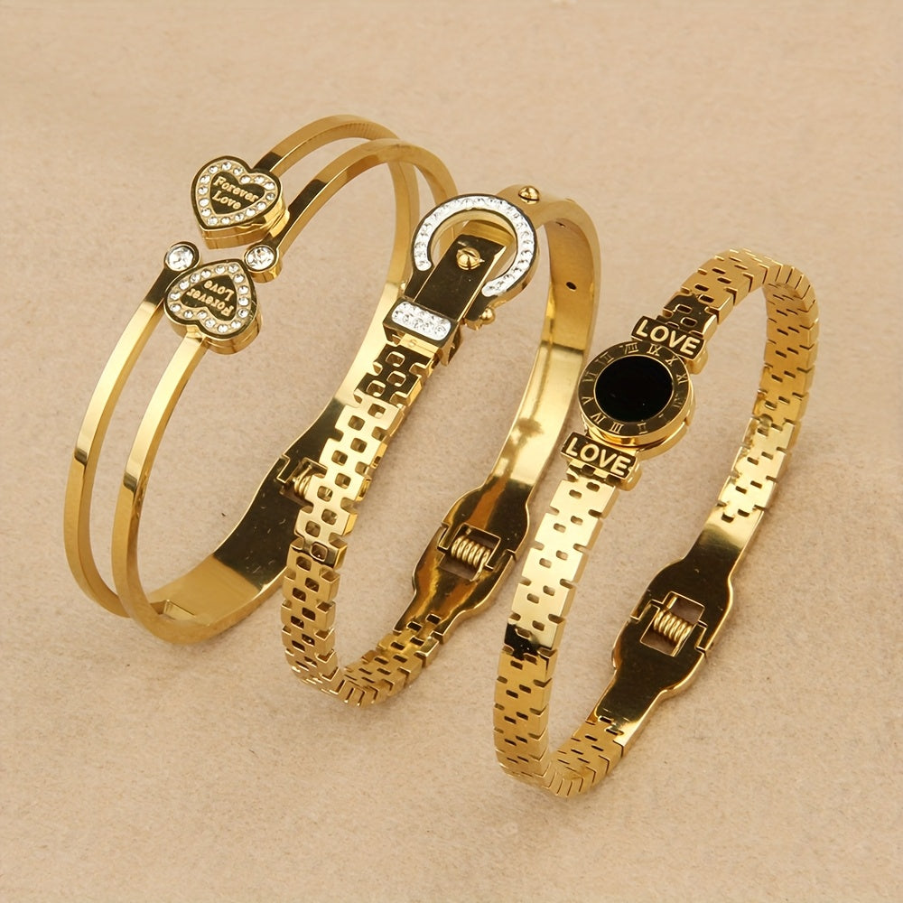 3 pezzi, bracciale da donna in acciaio inossidabile, pendente romano a doppia amore intarsiato con zirconi scintillanti, alla moda e versatile, molto adatto per l'uso quotidiano e come regalo