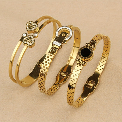 3 pezzi, bracciale da donna in acciaio inossidabile, pendente romano a doppia amore intarsiato con zirconi scintillanti, alla moda e versatile, molto adatto per l'uso quotidiano e come regalo