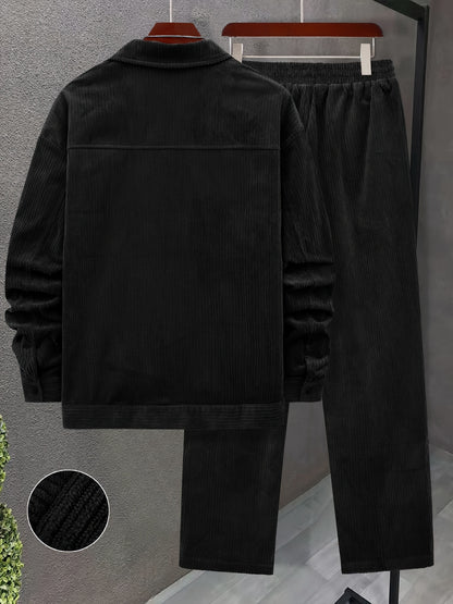 Set autunnale e invernale da uomo 2 pezzi con tessuto a coste intrecciate, tasche a doppia lavorazione, giacca a maniche lunghe e pantaloni larghi con coulisse, abito maturo per uscite casuali/ufficio/appuntamenti, 100% poliestere, lavabile a mano e in la