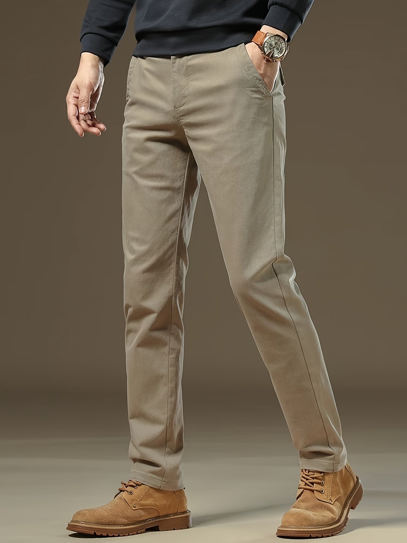 Pantaloni Eleganti da Uomo Bedford in Tessuto Elasticizzato Khaki per Look Business Casual e Viaggi, Primavera/Autunno