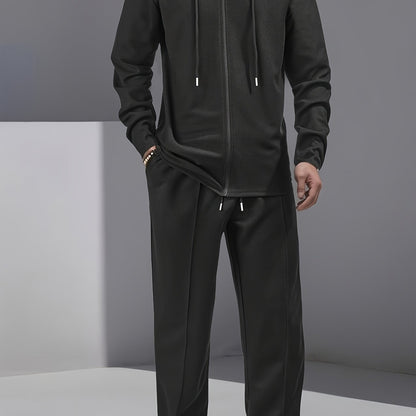 Set di 2 pezzi per uomo con cardigan con cappuccio e zip e pantaloni con coulisse - Pullover casual a maniche lunghe con tasche frontali, colore solido, outfit comodo per la primavera/autunno, abbigliamento per la primavera/autunno | Pullover con cappucci