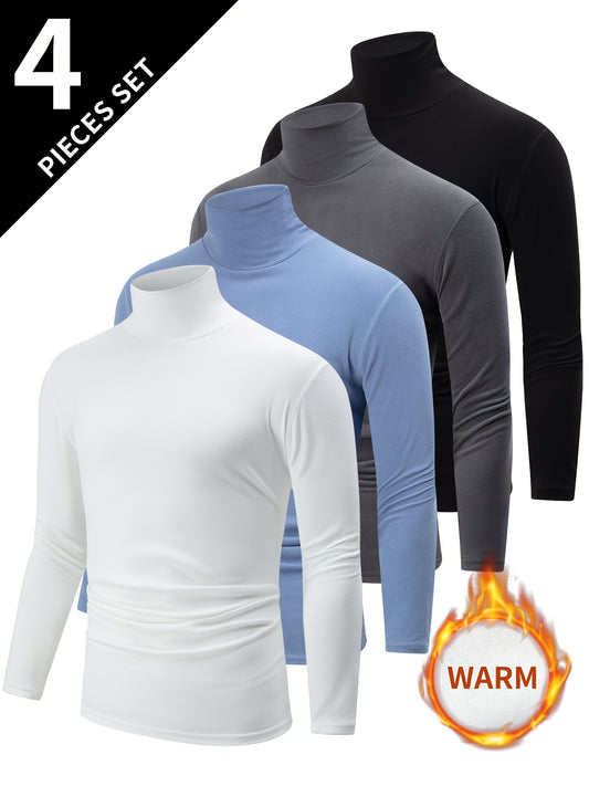 Maglietta a maniche lunghe con scollo a girocollo da uomo, confezione da 4 - Tessuto in maglia di poliestere casual, tinta unita, vestibilità aderente, media elasticità, top foderati in pile caldo per autunno e inverno, spessa