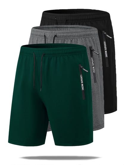 Set di 3 pantaloncini sportivi casual estivi da uomo con elastico in vita e coulisse, con tasche con cerniera, ideali per allenamenti, corsa, palestra e sport all'aria aperta.
