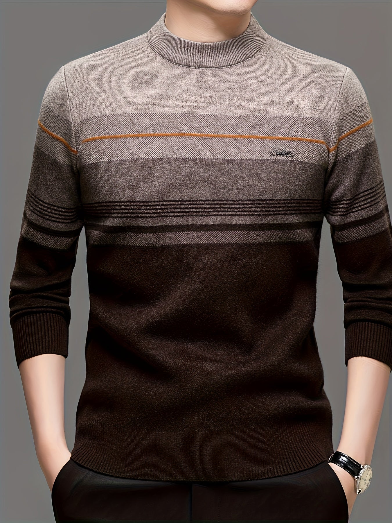 Maglione a maniche lunghe da uomo in maglia - Morbido pullover elasticizzato con strisce marroni/orizzontali, maglione invernale a girocollo per outfit di tutti i giorni e formali, regalo ideale per la festa del papà, marito, fidanzato - Abbigliamento aut