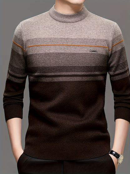 Maglione a maniche lunghe da uomo in maglia - Morbido pullover elasticizzato con strisce marroni/orizzontali, maglione invernale a girocollo per outfit di tutti i giorni e formali, regalo ideale per la festa del papà, marito, fidanzato - Abbigliamento aut