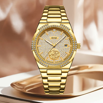 Orologio meccanico di lusso elegante per donne con quadrante interamente dorato, cornice in strass e mani luminose - Movimento automatico, cinturino regolabile, grande orologio analogico rotondo per donne, senza batteria/mantenimento facile, regalo ideale