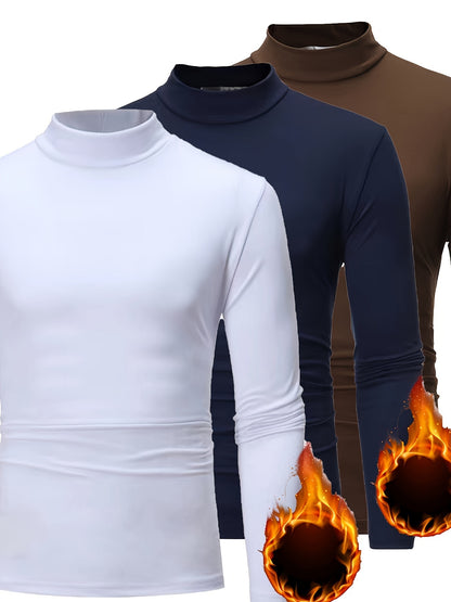3pcs Camicie a maniche lunghe con collo alto in pile termica per uomo - Slim Fit Stand Collar Base Layer, Top casual invernali a tinta unita per strati, Bianco/Nero/Azzurro marino, Essenziali per il tempo freddo, Collo alto elegante, Camicia comoda
