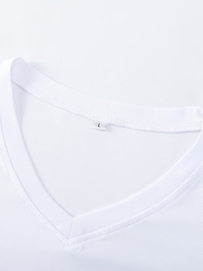 T-shirt da uomo 100% con scollo a V e maniche corte - T-shirt casual estivo traspirante, vestibilità regolare, bianco solido, medio stretch per abbigliamento casual, comodo e alla moda, T-shirt da tutti i giorni | T-shirt con scollo a V | Tessuto medio st