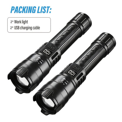 Set di 2 torce LED ricaricabili, design compatto con zoom regolabile e indicatore del livello di batteria, che offre tre opzioni di illuminazione adatte per attività all'aperto, campeggio, lavoro e situazioni di emergenza.