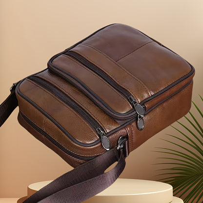 Linea Classic- Borsa a tracolla in vera pelle per uomo - Grande capacità, pelle bovina di alta qualità, marsupio marrone con texture