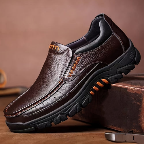Scarpe Eleganti da Uomo in Vera Pelle Slip-On per Papà di 40-50 Anni - Suola in Gomma Antiscivolo, Punta Tonda, Comode, Adatte per Tutto l'Anno per Occasioni Casual e Business (Marrone, Fino alla Taglia 50), Calzature Versatili | Cerniera Laterale | Scarp