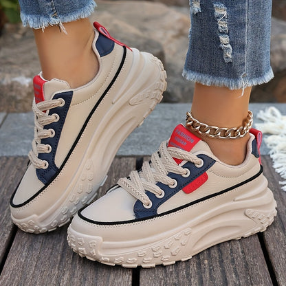 Sneakers da donna alla moda con piattaforma chunky, basse, con lacci, casual, con suola in gomma e sottopiede in microfibra, calzature da passeggio a tinta unita per tutte le stagioni