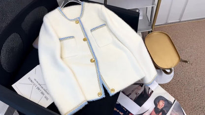 Taglia Plus - Cardigan elegante ispirato alla Francia con velluto di visone finto, maniche lunghe e bottoni sul davanti - Colletto casual ma chic, tessuto a media elasticità, perfetto per l'autunno/inverno, Cardigan taglia Plus