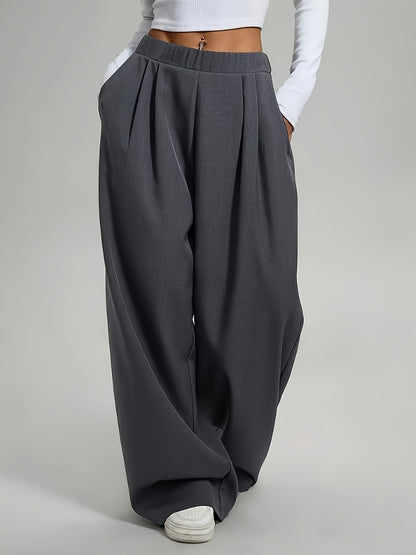 2 pezzi Pantaloni da donna eleganti a gamba larga tinta unita - Pantaloni ampi per tutte le stagioni con tasche, tinta unita e blu navy, abbigliamento casual e formale per tutte le stagioni