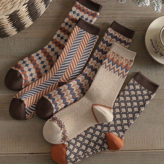 5 paia di calzini a righe argyle per donne - morbidi, traspiranti, ispirati al vintage, calzini a metà polpaccio in blu, arancione, beige e marrone, perfetti per regali d'autunno e inverno, calzini carini