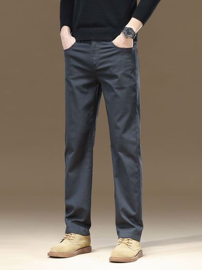 Pantaloni da uomo in tessuto elastico a tinta unita - Comodi e resistenti pantaloni casual da lavoro con chiusura a bottone, vita media, vestibilità regolare, versatile per tutte le stagioni per abbigliamento casual, ufficio e eventi formali, abbigliament
